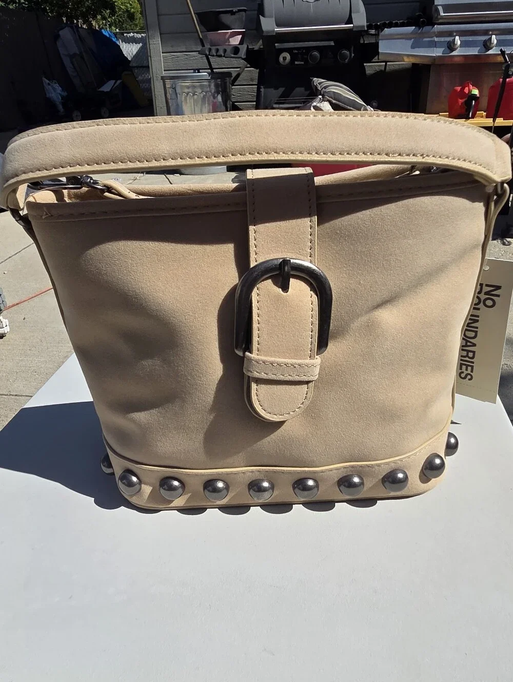 No Boundaries Tan Stud-Trim Bucket Shoulder Bag